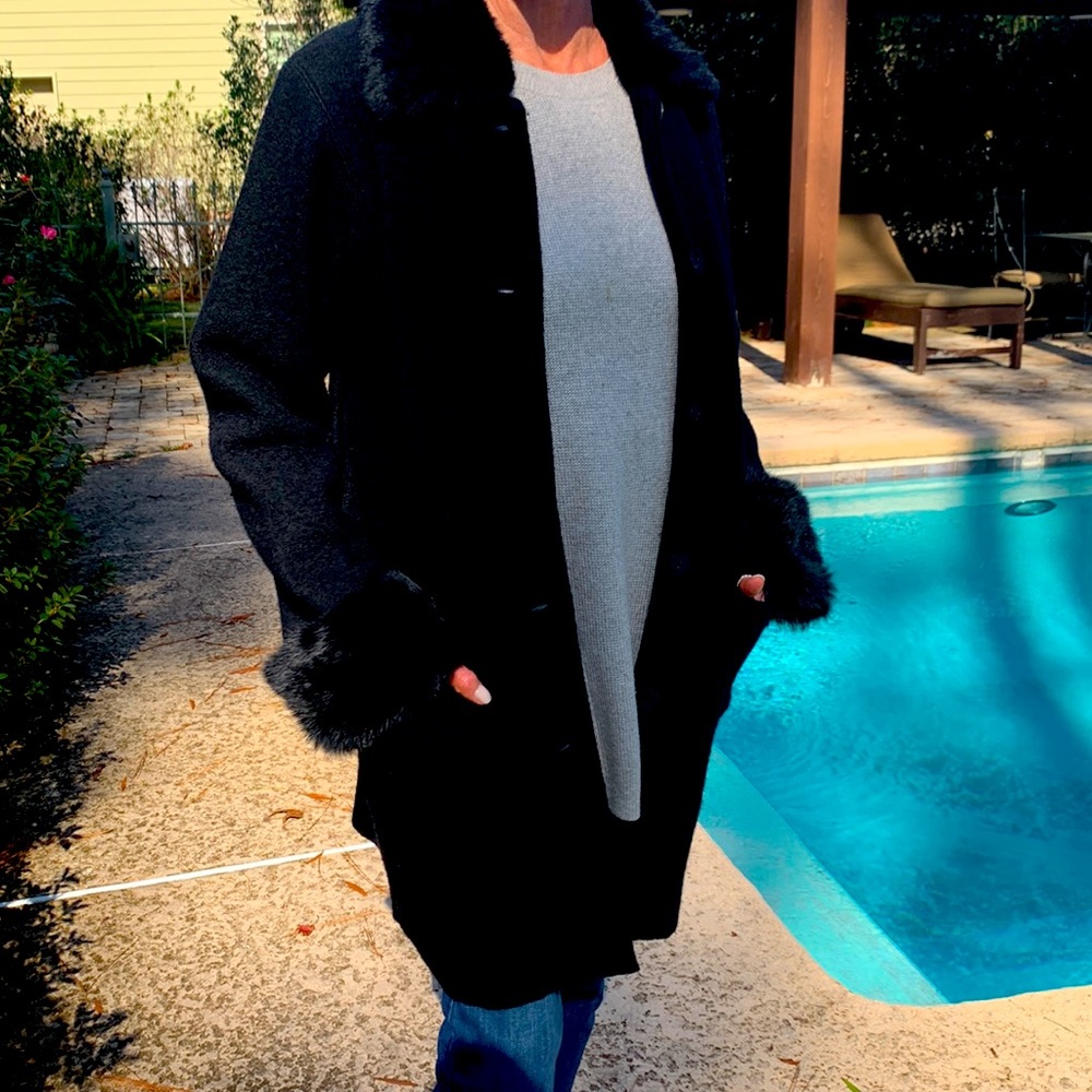 3/4 wool coat with angora (rabbit fur) collar and cuffs, excellent condition.